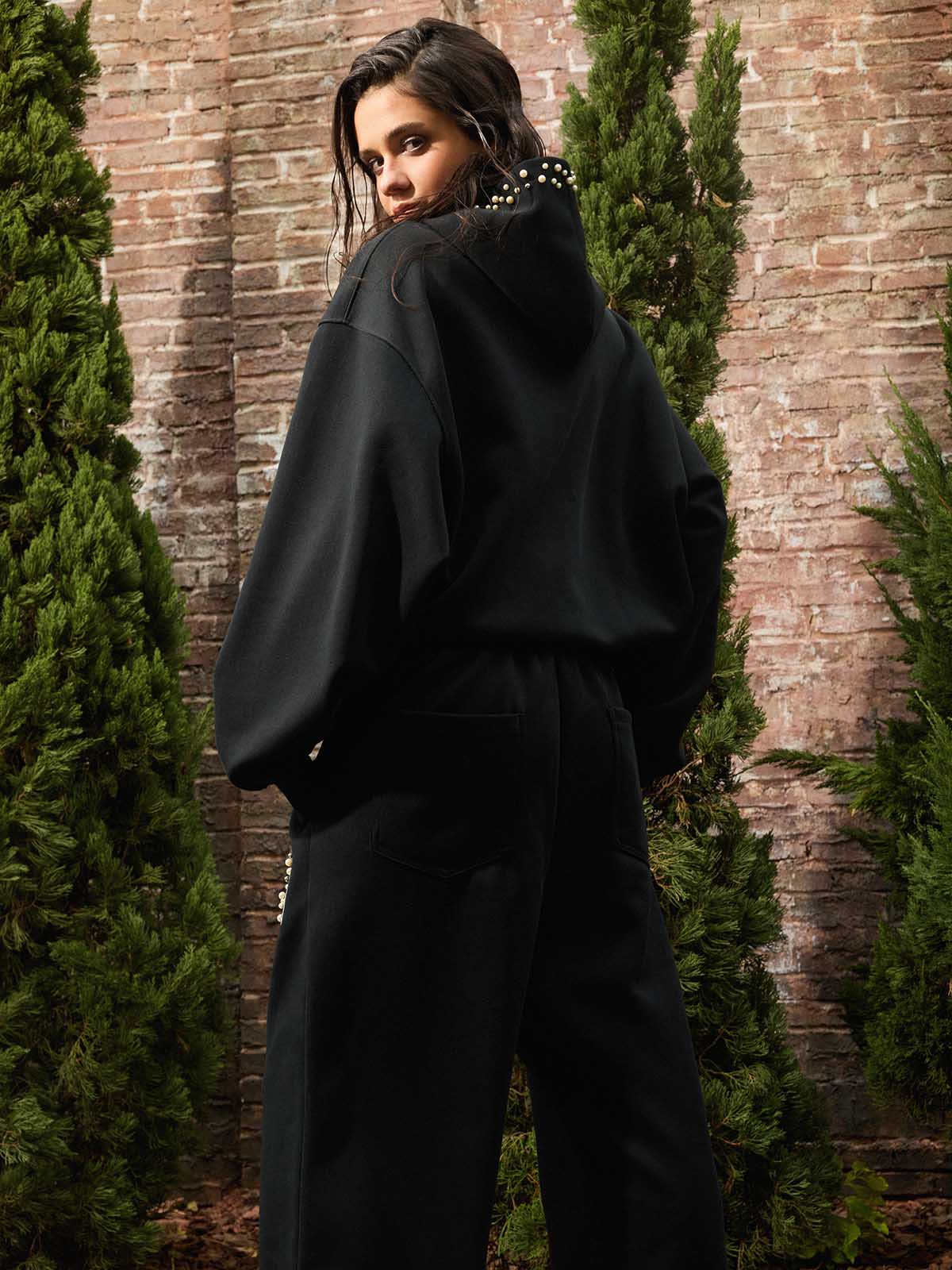 Cotton Blend Embroidered Pearl Detail Track Jacket with Zip Front and Hood 