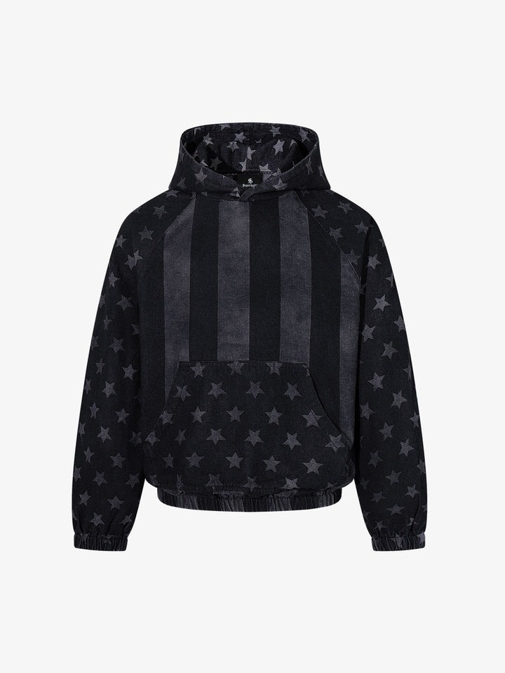 Distressed Star Print Denim Boxy American Vintage Hoodie