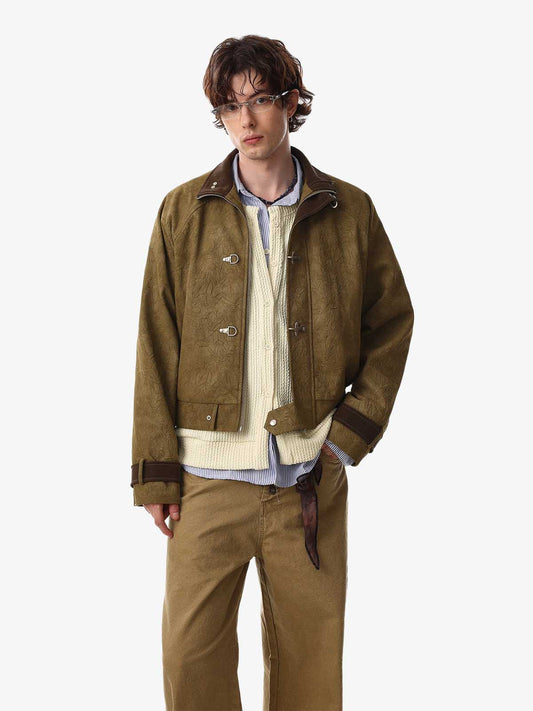 Textured Faux Leather Stand Collar Metal Buckle Jacket