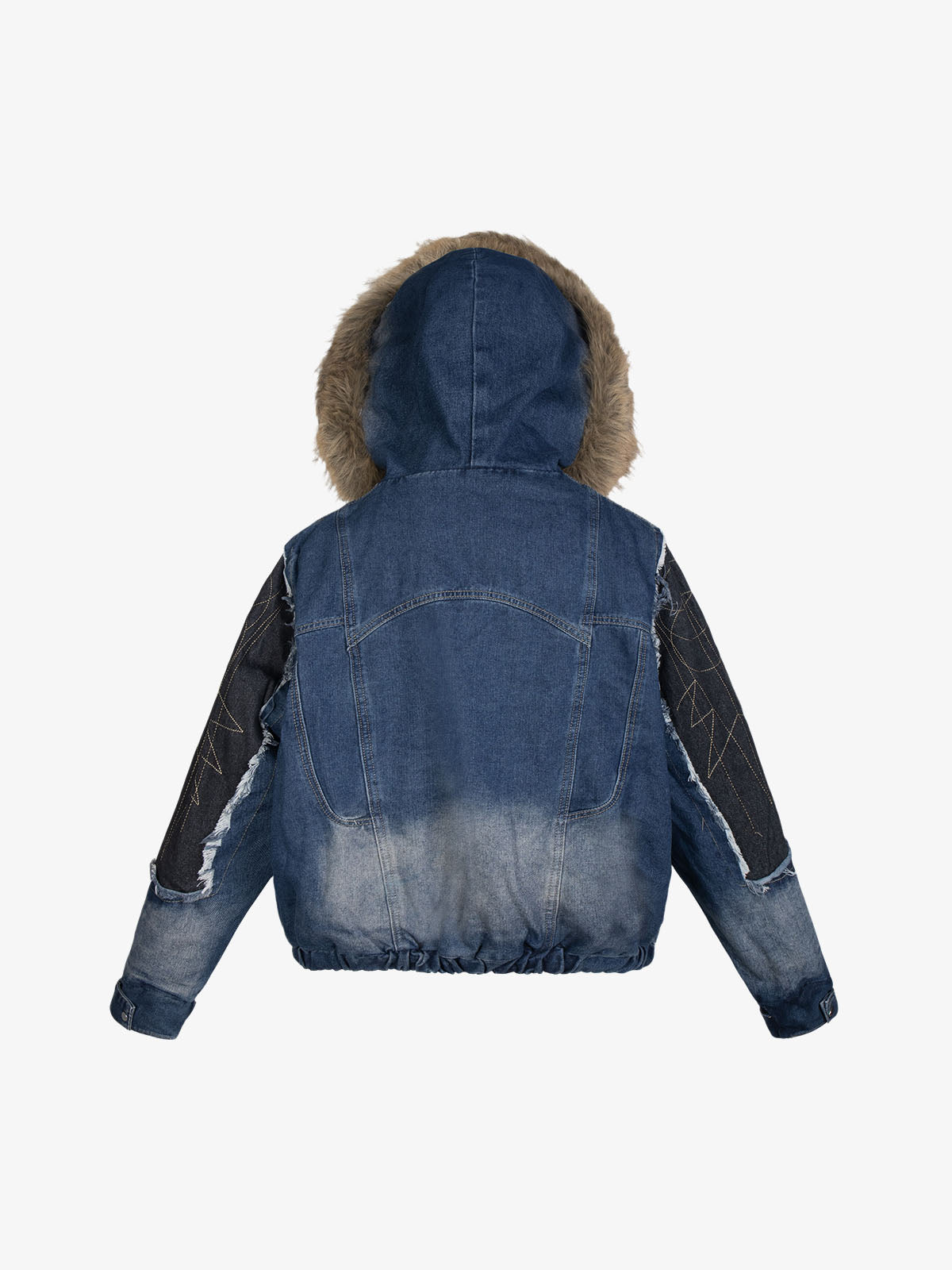 Patchwork Distressed Faux-Fur Collar Denim Jacket