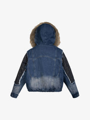 Patchwork Distressed Faux-Fur Collar Denim Jacket