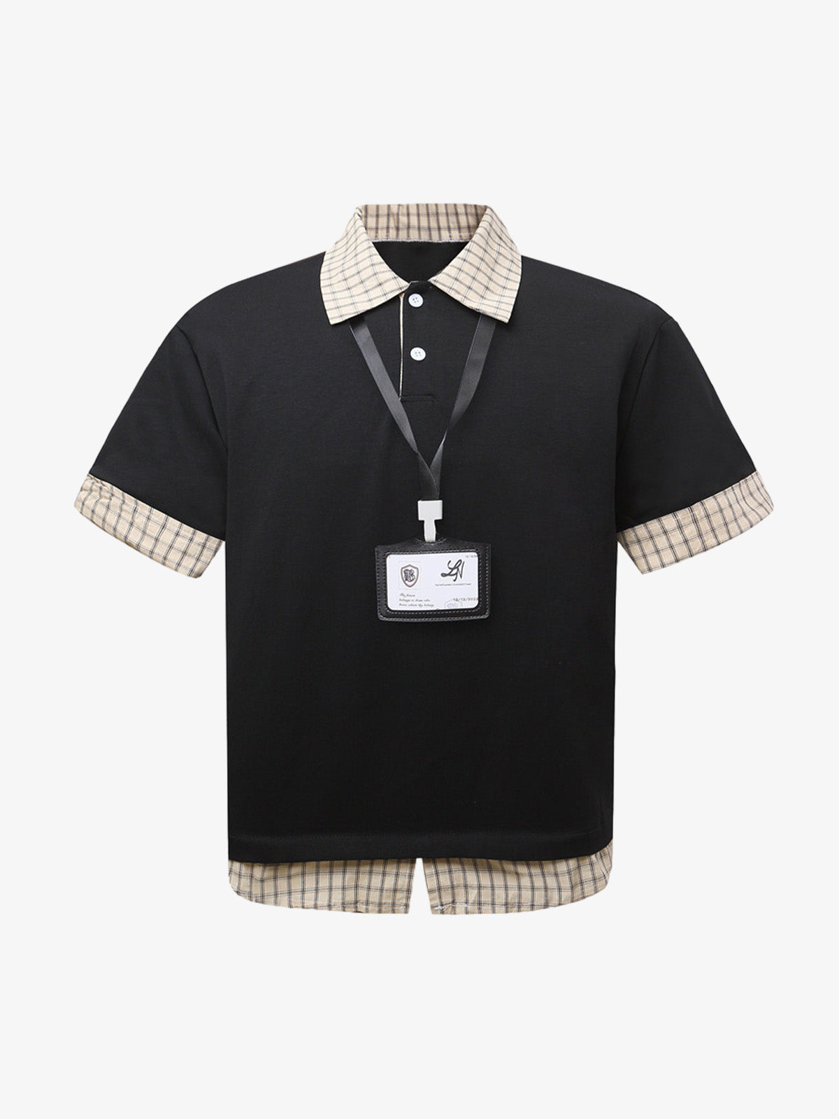 Plaid Patchwork Faux Two-Piece Lapel Polo Shirt 