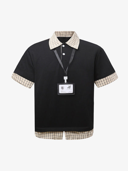 Plaid Patchwork Faux Two-Piece Lapel Polo Shirt 
