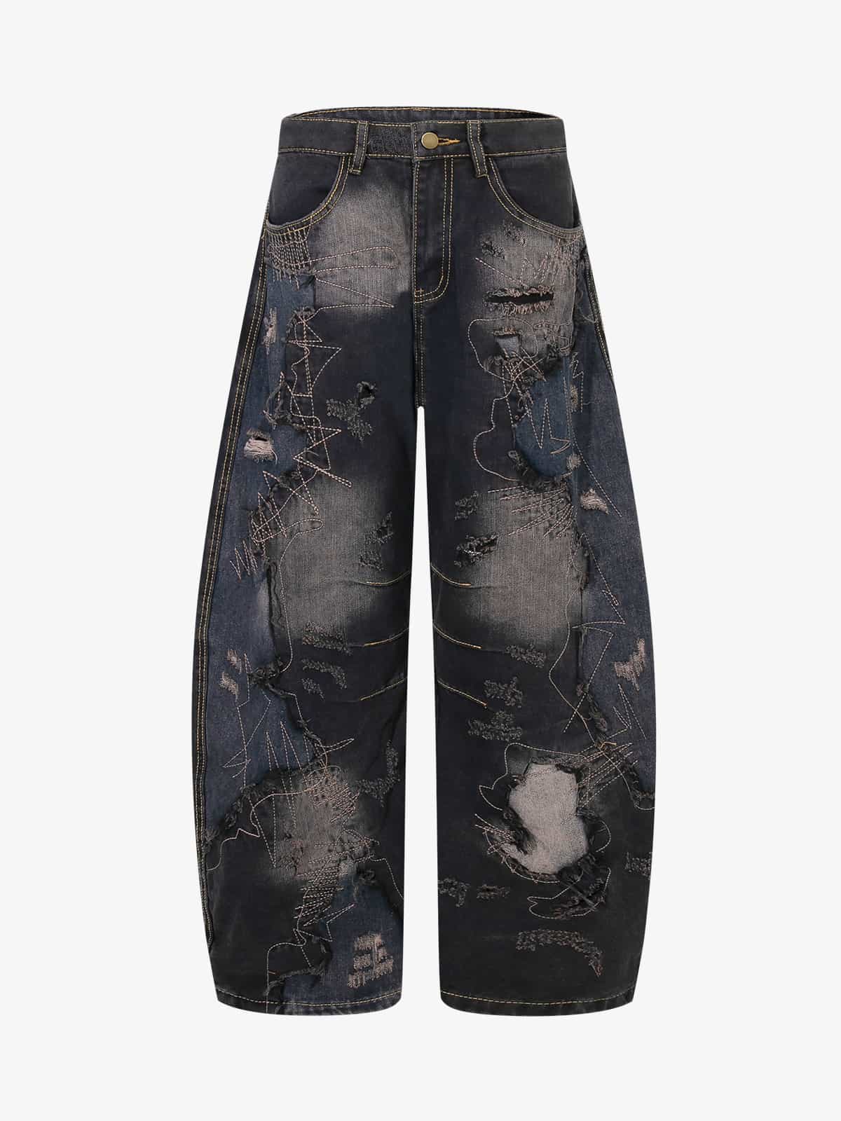 Vintage Washed Patchwork Distressed Barrel Jeans 