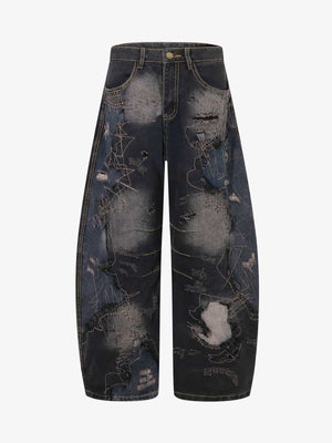 Vintage Washed Patchwork Distressed Barrel Jeans 