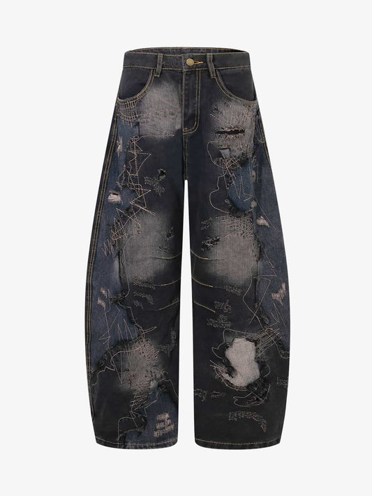 Vintage Washed Patchwork Distressed Barrel Jeans 