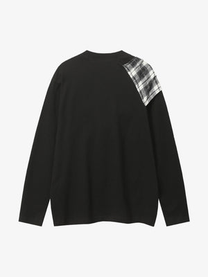 Black Long Sleeve T-Shirt with Plaid Shoulder Patch - Stylish and Versatile Top for Casual Wear 