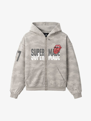 Distressed Camo Hoodie with Cracked Logo & Rolling Stones Graphic