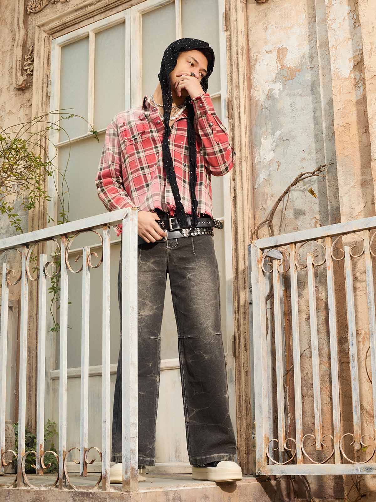 Cotton Plaid Shirt with Paint Splatter Design, Distressed Hem and Pockets, Casual Men's Long Sleeve Button-Up Jacket 