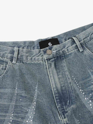 Rhinestone Wave Denim Bermuda Shorts – Light Wash Relaxed Fit Statement Shorts