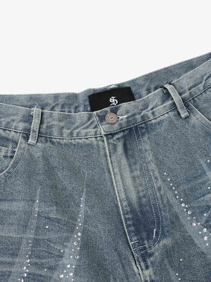Rhinestone Wave Denim Bermuda Shorts – Light Wash Relaxed Fit Statement Shorts