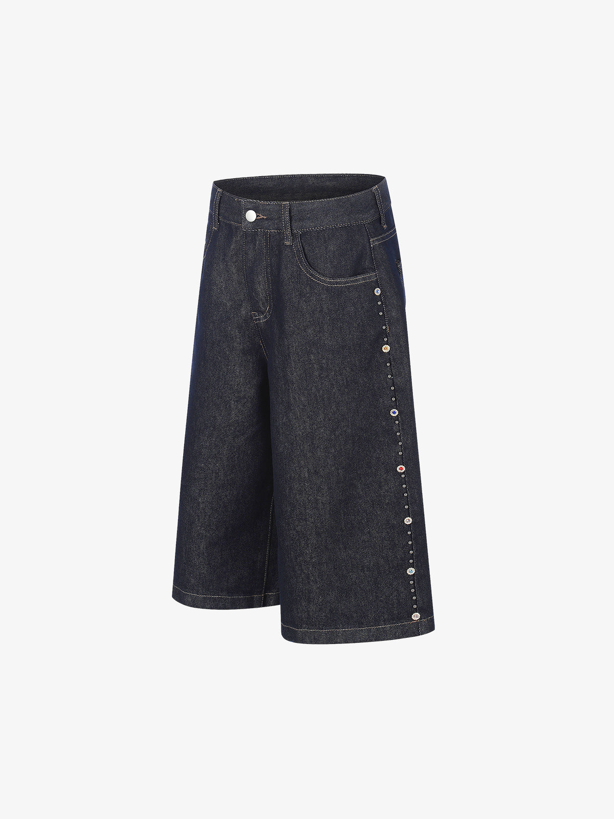 Dark Wash Denim Bermuda Shorts with Side Stripe Rhinestone Detail