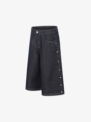 Dark Wash Denim Bermuda Shorts with Side Stripe Rhinestone Detail