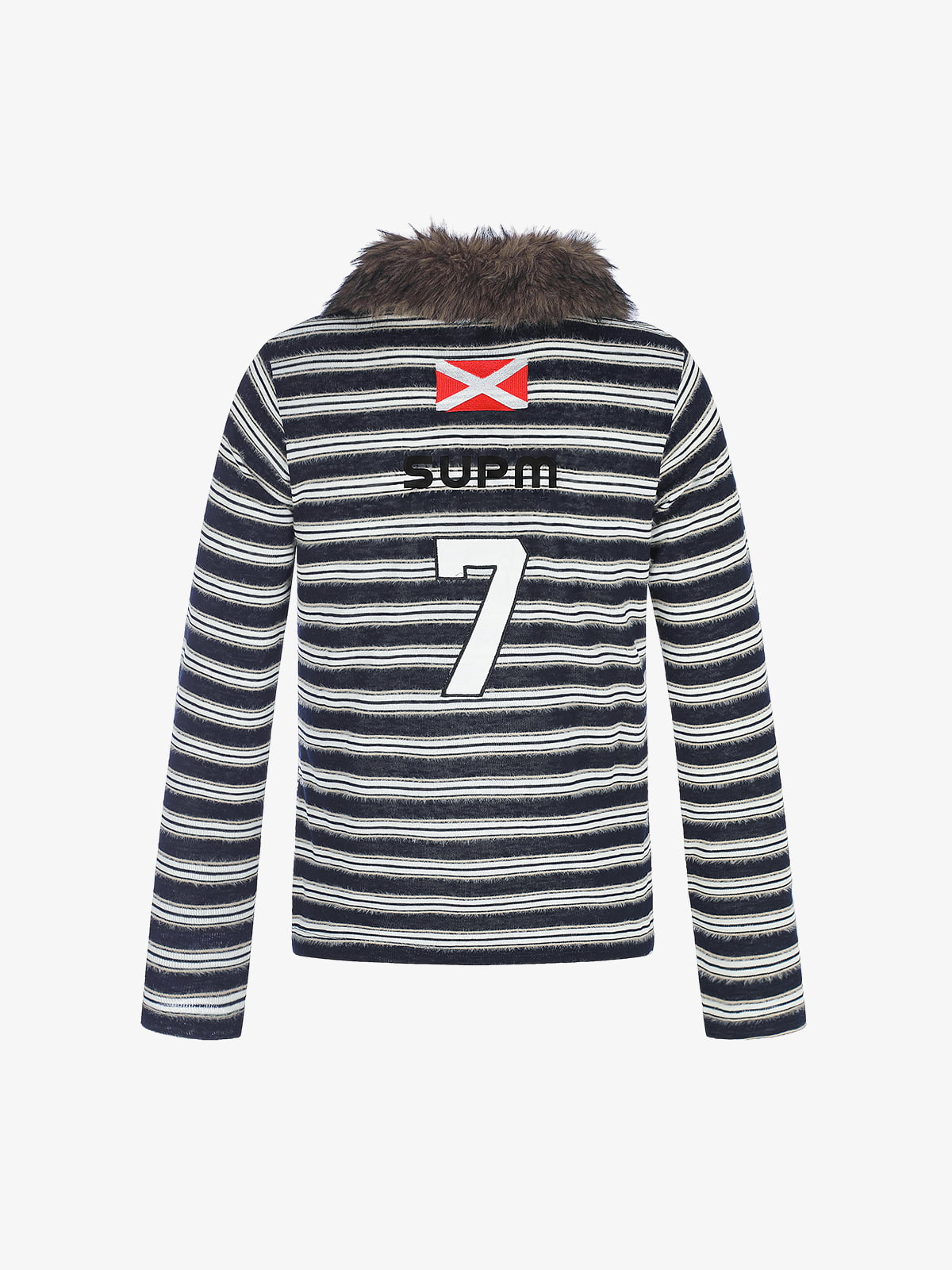 Striped Faux Fur Collar Long Sleeve Tee