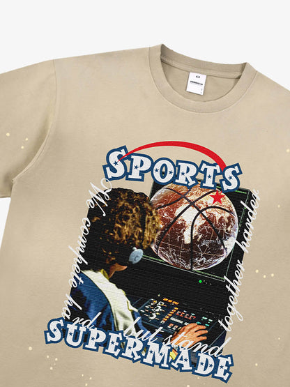 thesupermade-"Retro Basketball Radio" "Sports Know No Borders" Graphic Tee-Retro Ink Splash Streetwear Oversized T-Shirt 