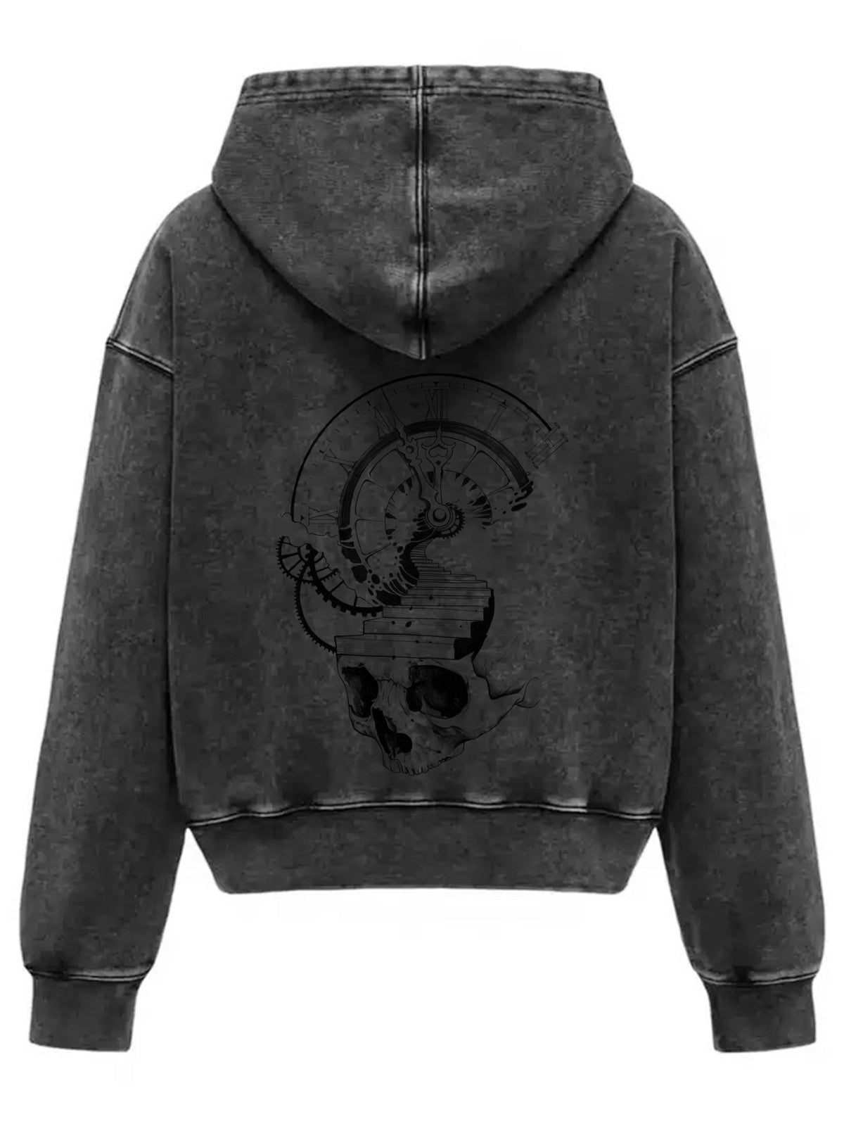 Thesupermade Washed Gray Distressed Double Zipper Cardigan Hooded Sweatshirt with Hand-painted Skull Clock 