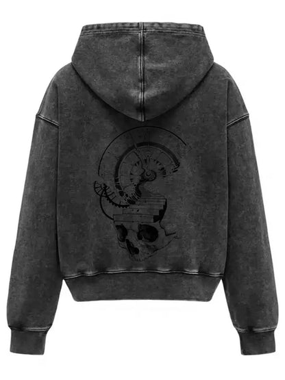 Thesupermade Washed Gray Distressed Double Zipper Cardigan Hooded Sweatshirt with Hand-painted Skull Clock 