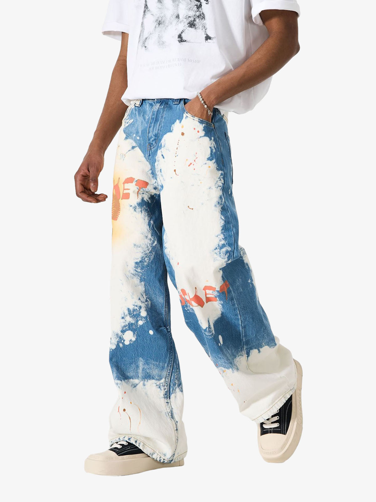 Bleached Paint Splatter Graphic Jeans 