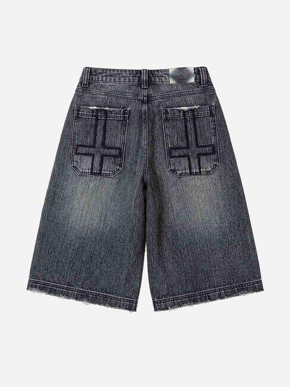 Ripped Letter Wide-Leg Denim Shorts