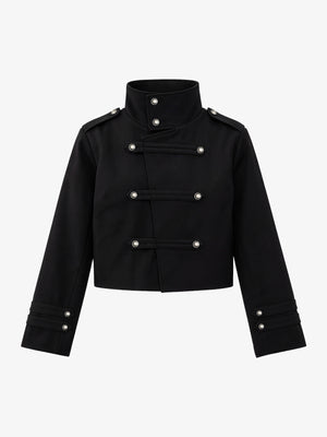Napoleonic Diagonal-Button Stand-Collar Cropped Jacket
