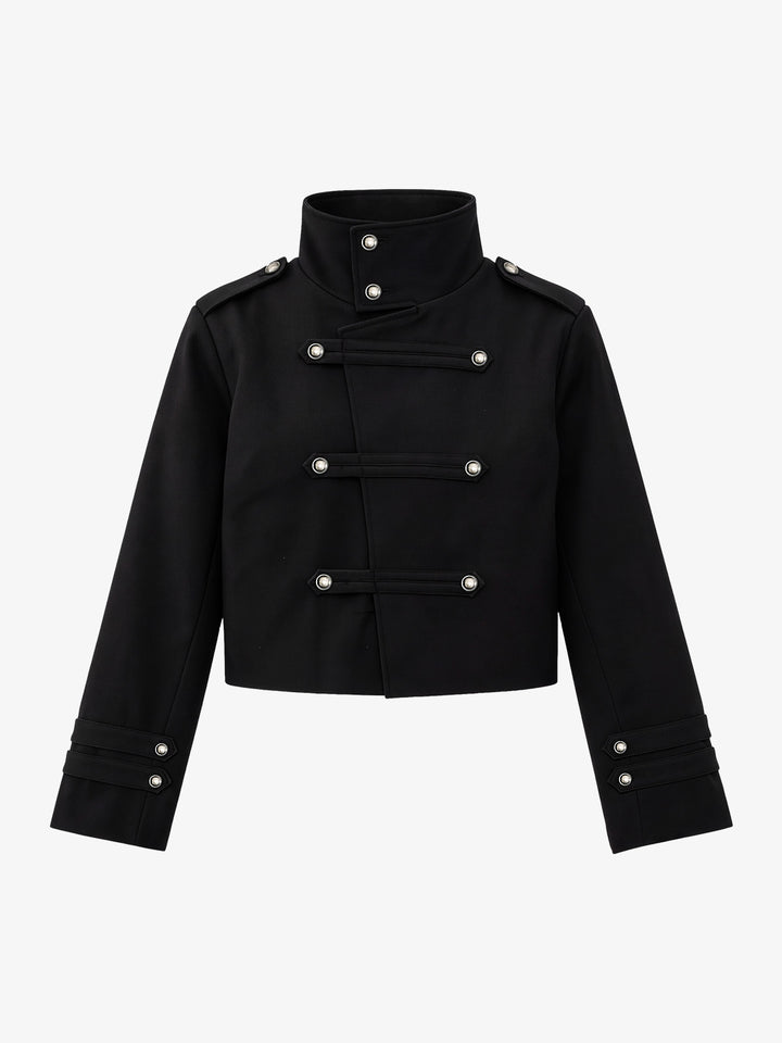 Chaqueta corta con cuello mao y botones diagonales de estilo napoleónico