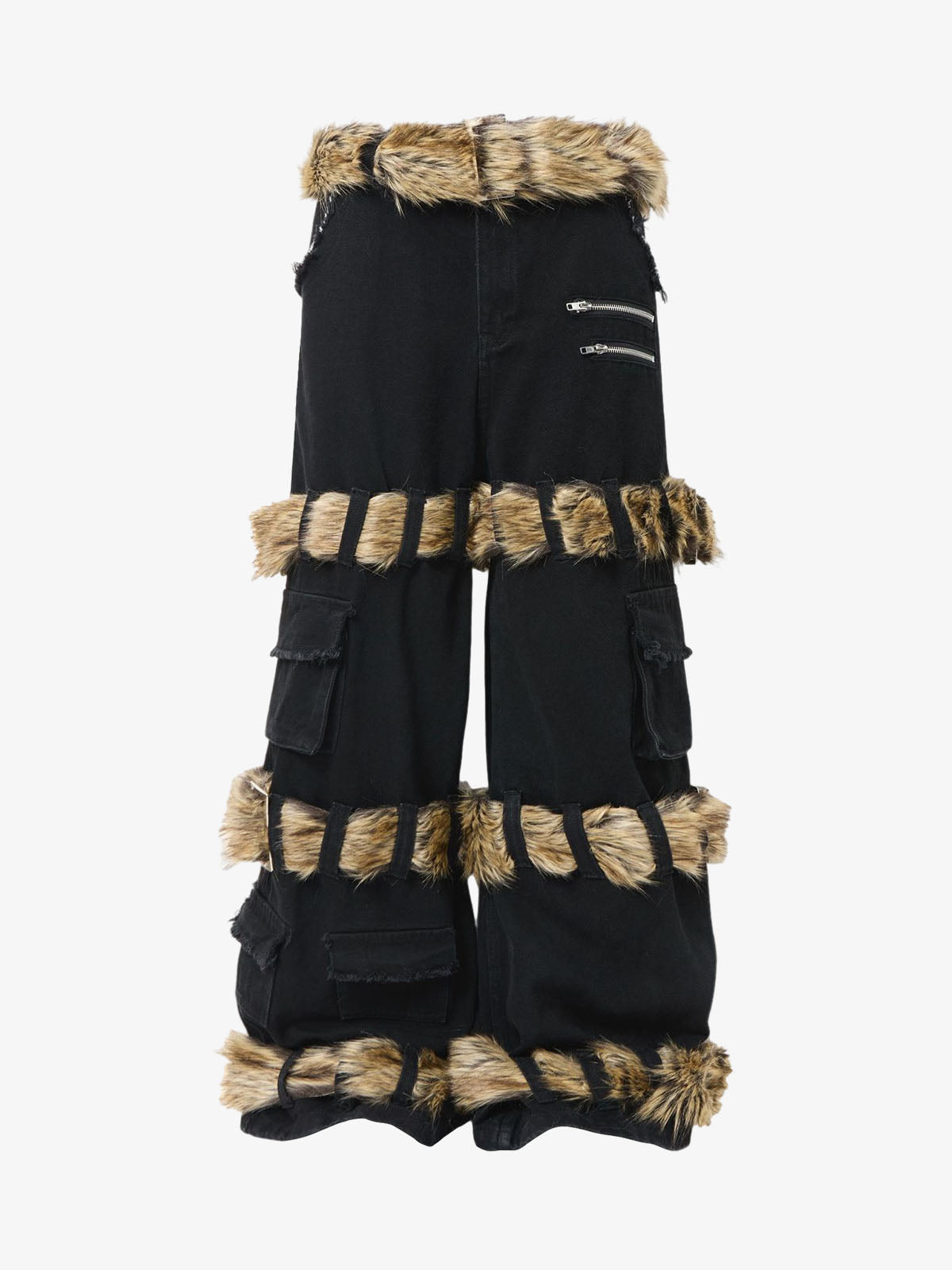 Faux Fur Trimmed Black Cargo Pants with Wide Leg and Multiple Pockets 