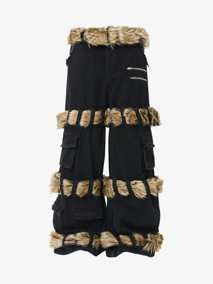 Faux Fur Trimmed Black Cargo Pants with Wide Leg and Multiple Pockets 