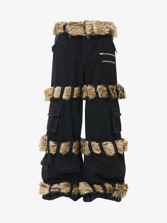 Faux Fur Trimmed Black Cargo Pants with Wide Leg and Multiple Pockets 