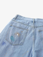 Jeansshorts mit Farbspritzermuster und weitem Bein