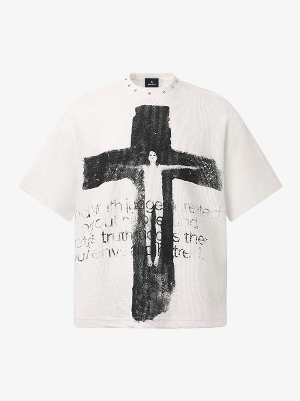 Studded Collar Cross Print Waffle T-Shirt 