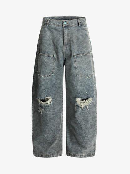 Distressed Rivet-washed Ripped Barrel Jeans 