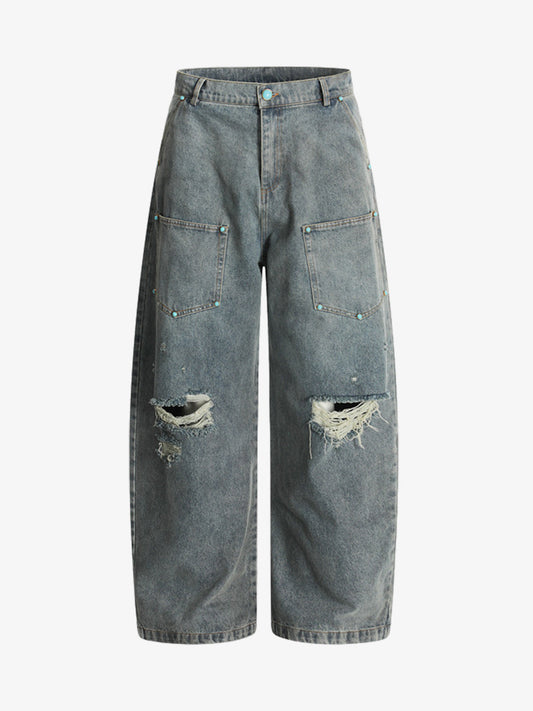 Distressed Rivet-washed Ripped Barrel Jeans 