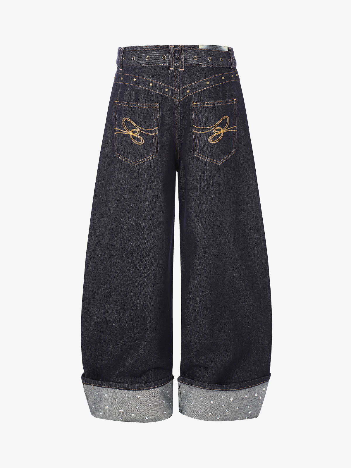Thesupermade Raw Denim Rhinestone Turn-up Baggy Jeans