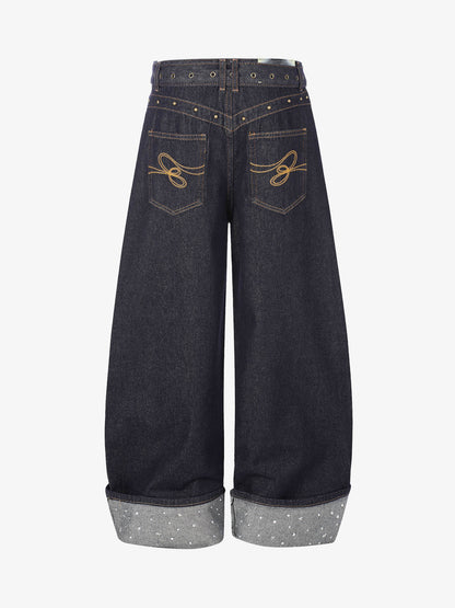 Thesupermade Raw Denim Rhinestone Turn-up Baggy Jeans