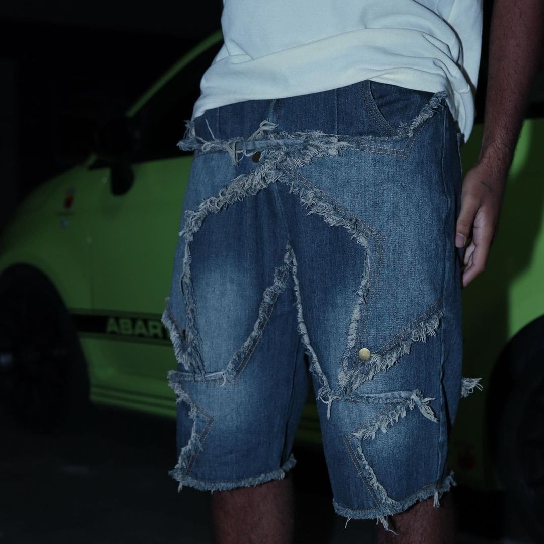 Thesupermade American Pentagram Tassel Patch Denim Shorts - 1681