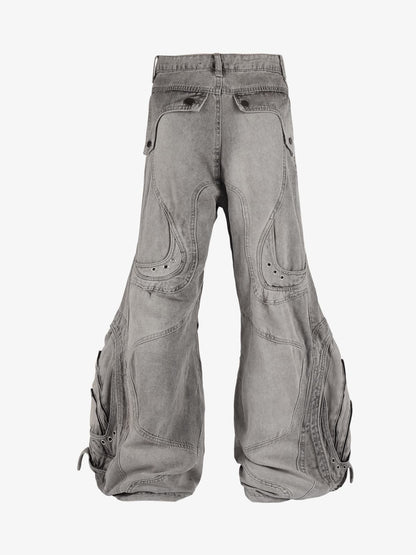 Vintage Distressed Curved Blade Barrel Jeans 