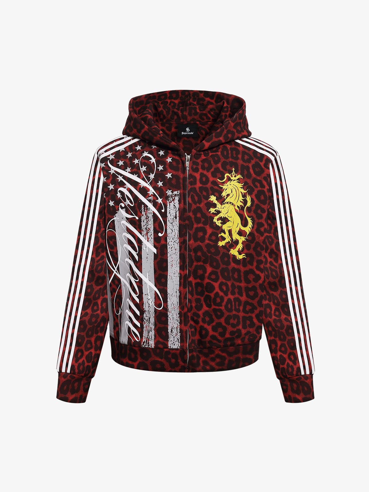 Lion Graphic Leopard Stripe Zip Hoodie