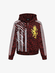 Lion Graphic Leopard Stripe Zip Hoodie