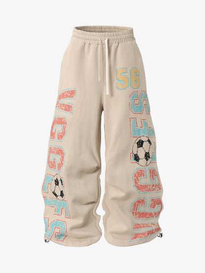 Retro Varsity Soccer Print Fleece-Lined Baggy Sweatpants 