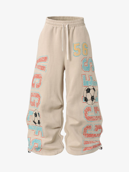 Retro Varsity Soccer Print Fleece-Lined Baggy Sweatpants 