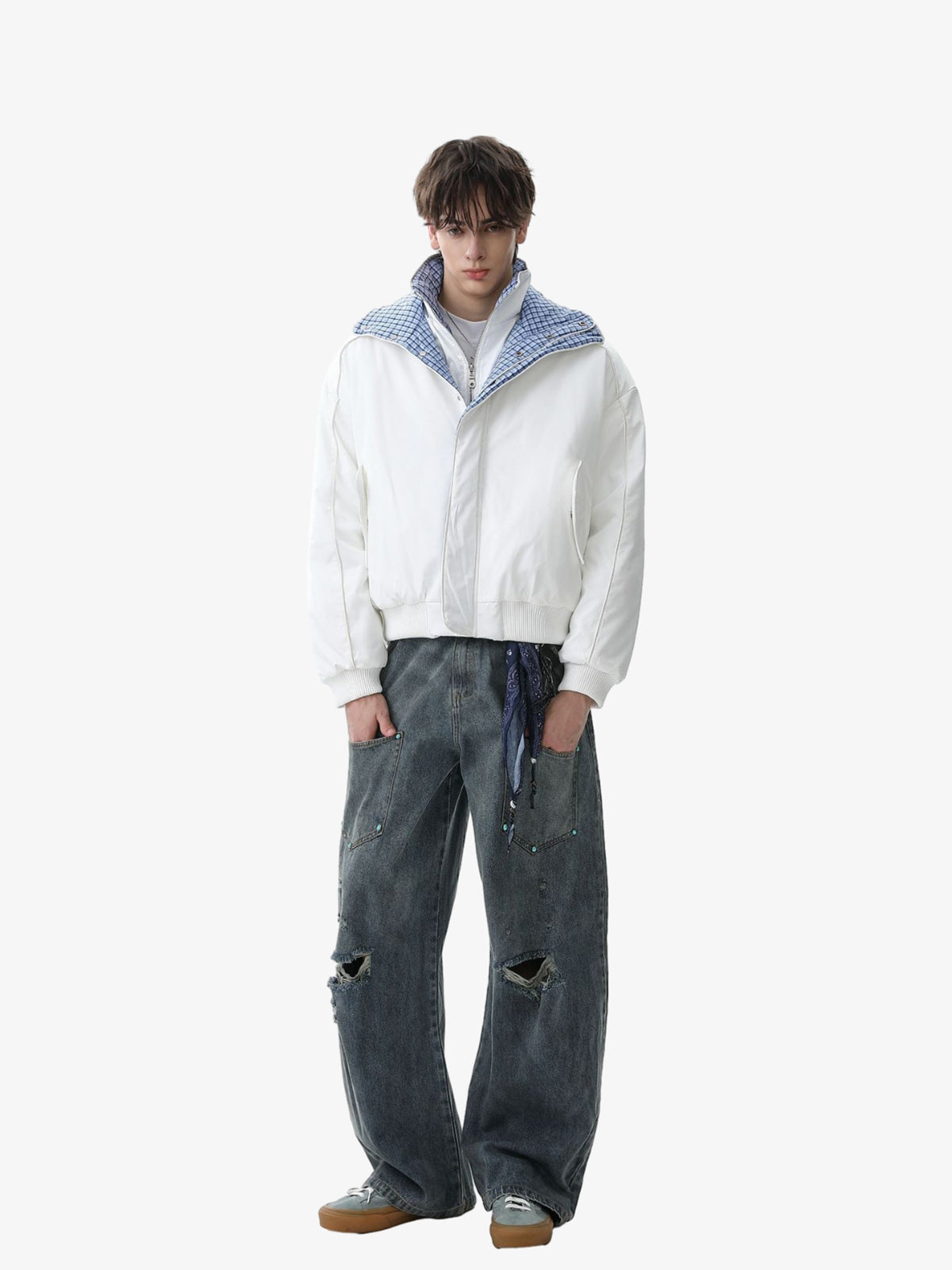 Stylish Black Bomber Jacket with Plaid Collar for Men - Perfect for Casual and Outdoor Wear 