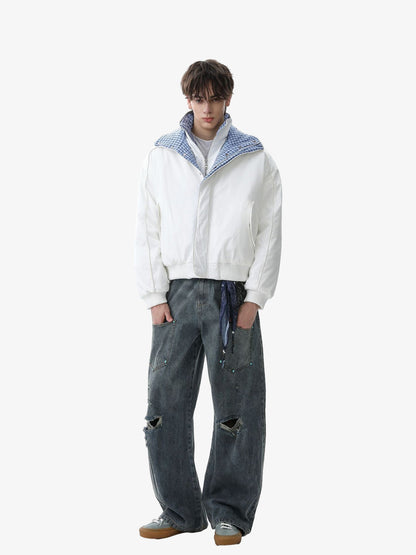 Stylish Black Bomber Jacket with Plaid Collar for Men - Perfect for Casual and Outdoor Wear 