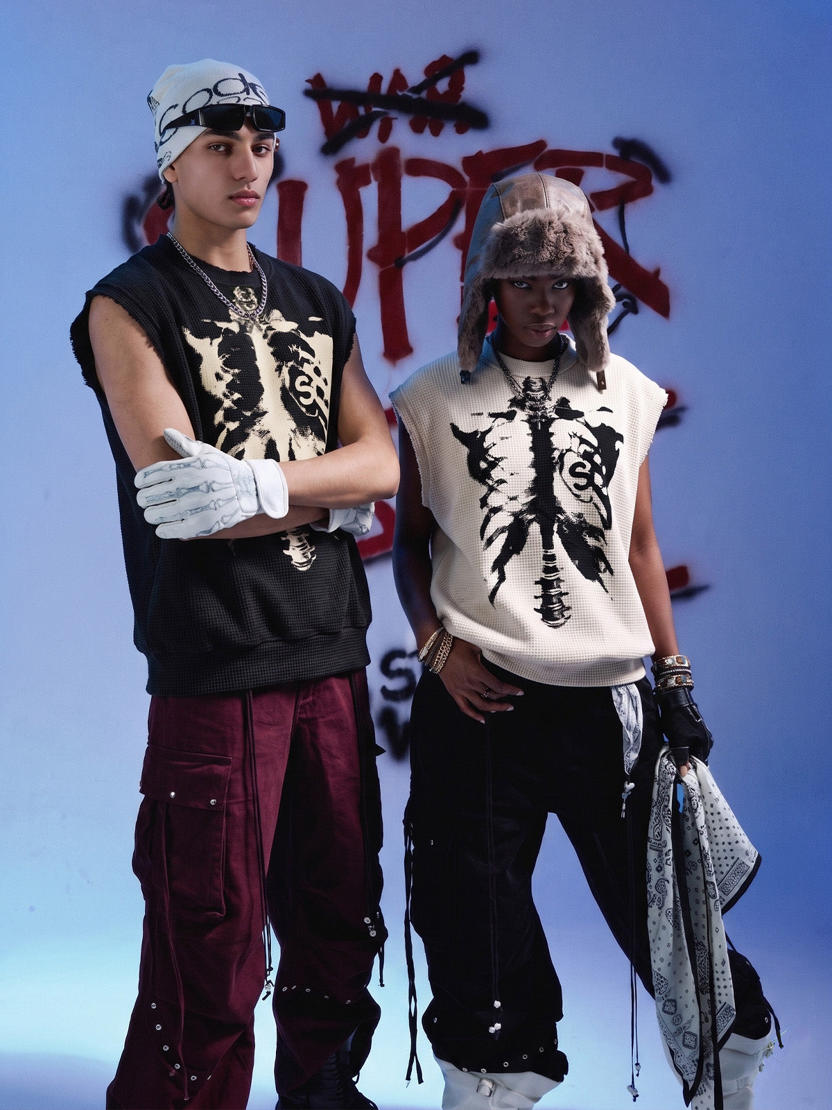 Vintage Skeleton Graphic Waffle Knit Sleeveless Vest 