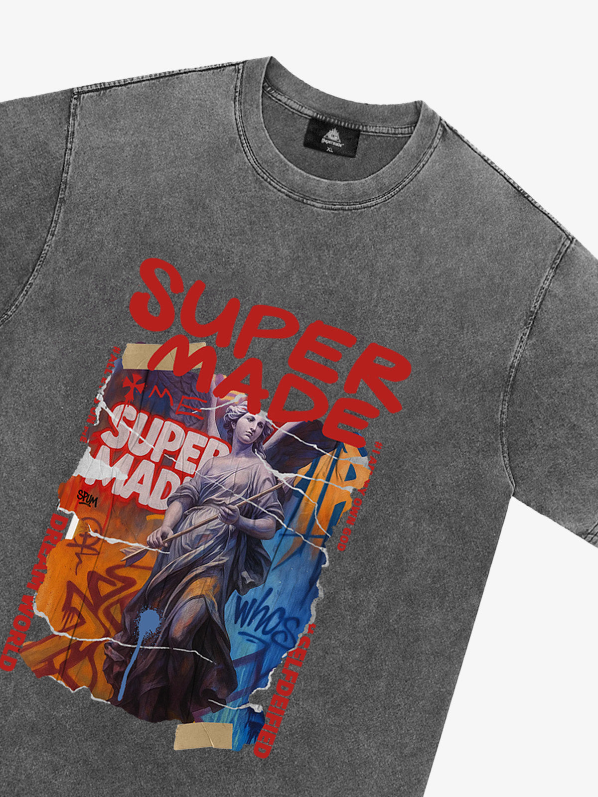 Cotton Blend SUPERMADE Sculpture Sraffiti Sticker Pattern T-Shirt 