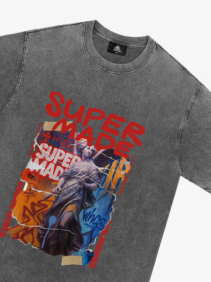 Cotton Blend SUPERMADE Sculpture Sraffiti Sticker Pattern T-Shirt 