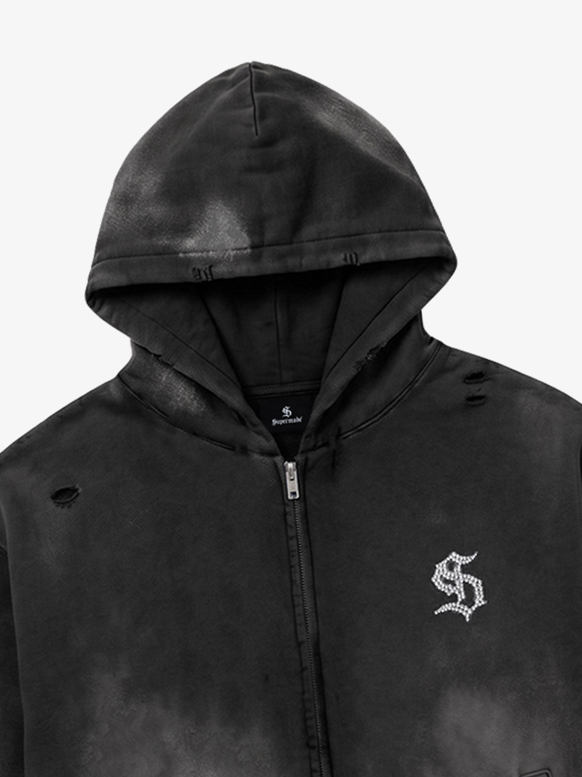 Rhinestone Graphic Garment-Washed Hoodie