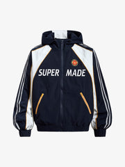 Motorcycle Letter Graphic Color Block Hooded Windbreaker Jacket