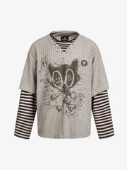 Cartoon Graffiti Graphic Striped Layered Long Sleeve Tee