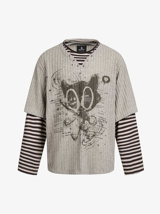 Cartoon Graffiti Graphic Striped Layered Long Sleeve Tee