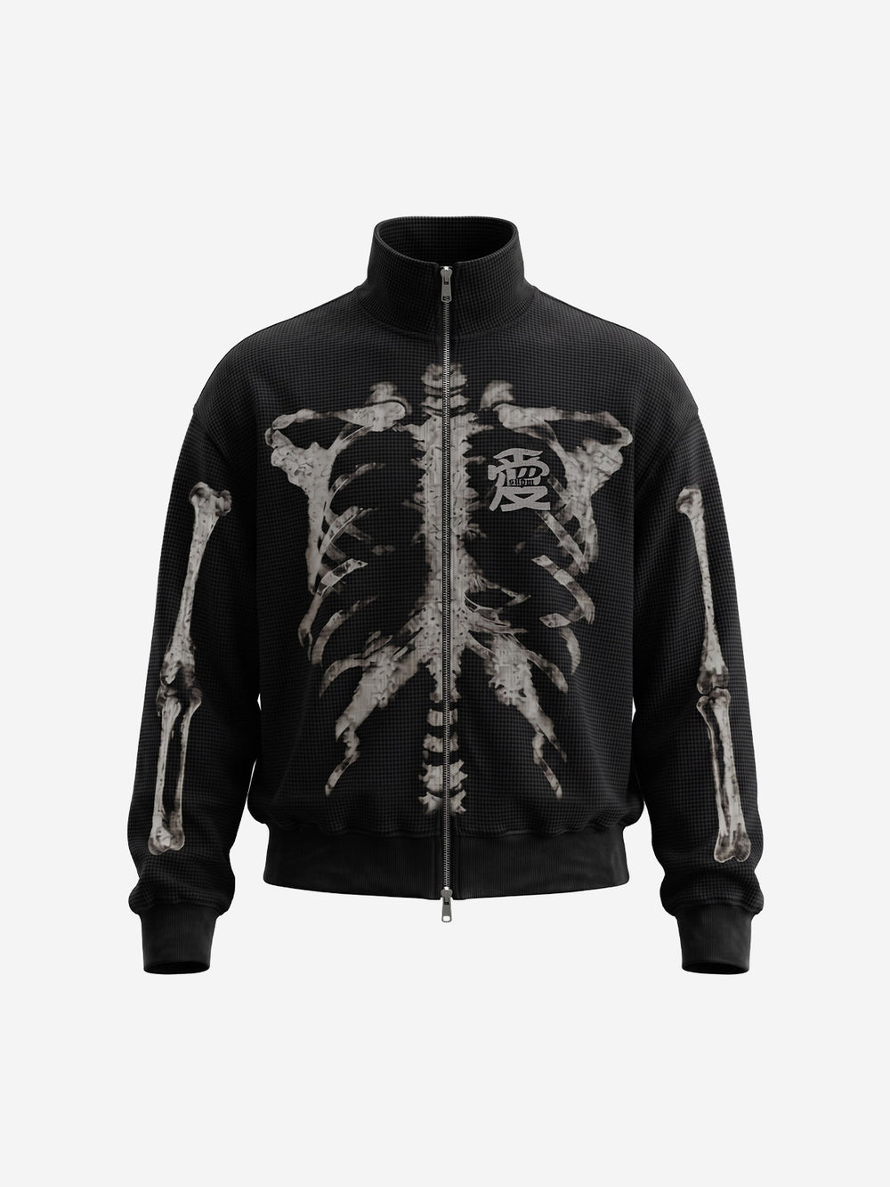 Skull Graphic Waffle Double-Zip Stand-Collar Sweatshirt
